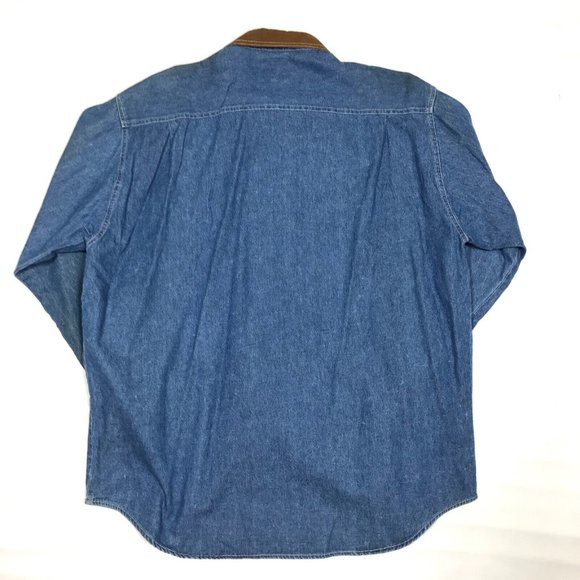 VTG Baxter Brand Workshop Denim Leather Collar Button Cotton Work Shirt Mens L - Picture 7 of 7